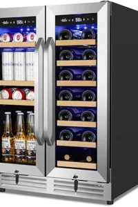 Wine and Beverage Refrigerator Under Counter, 24 Inch Beverage Fridge Dual Zone with Glass Door